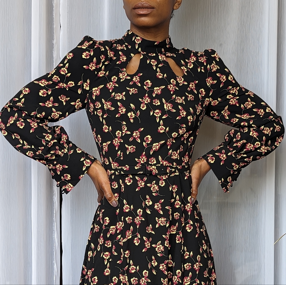 ModCloth Black Floral Midi Dress with Pink and Cream Blooms